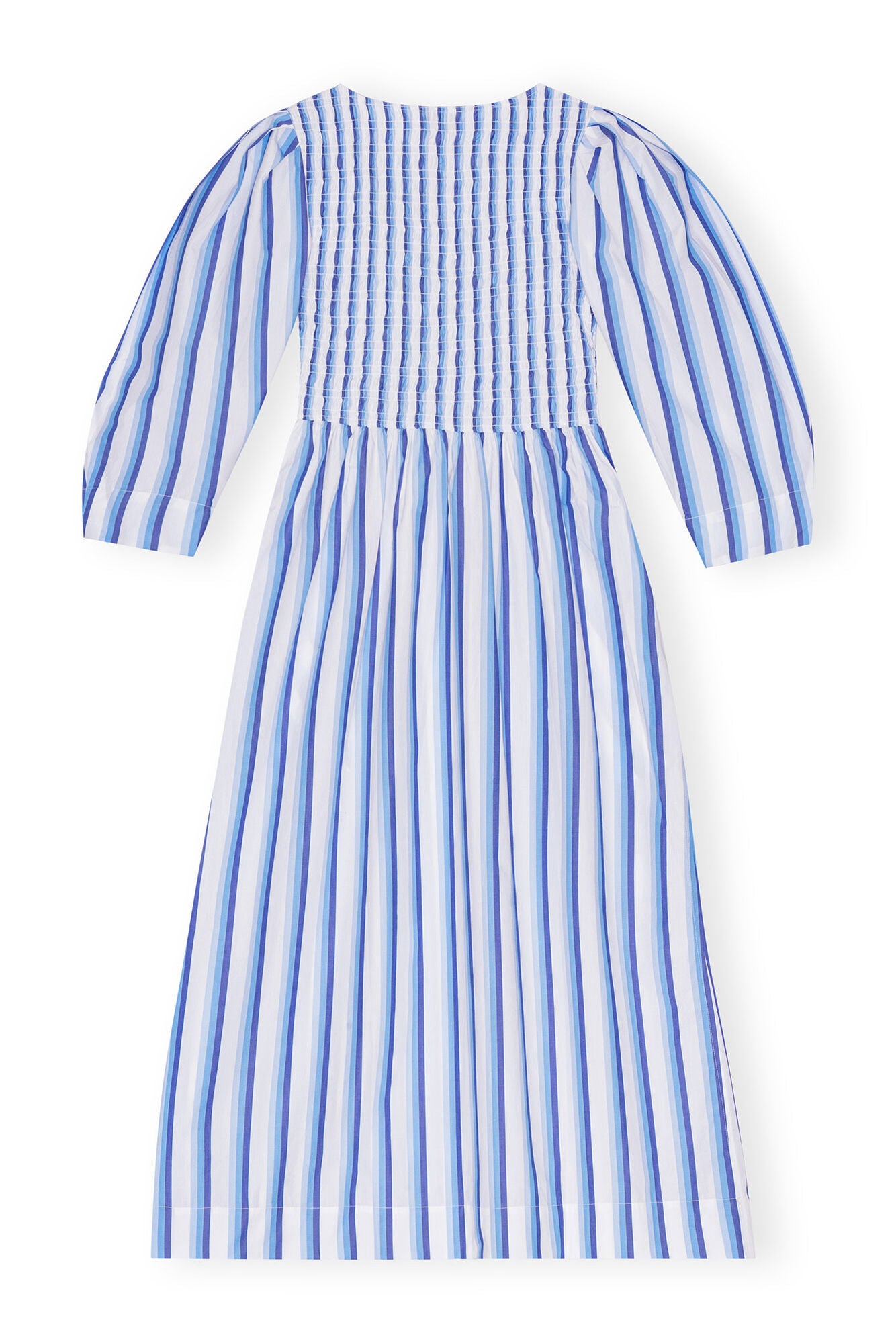 Stripe Cotton Open-Neck Smock Long Dress - Silver Lake Blue