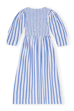 Stripe Cotton Open-Neck Smock Long Dress - Silver Lake Blue