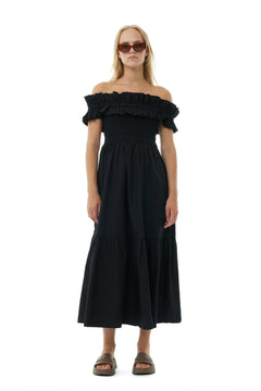 Cotton Poplin Long Smock Dress - Black
