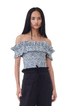 Printed Cotton Off-Shoulder Smock Top - Glacier Lake