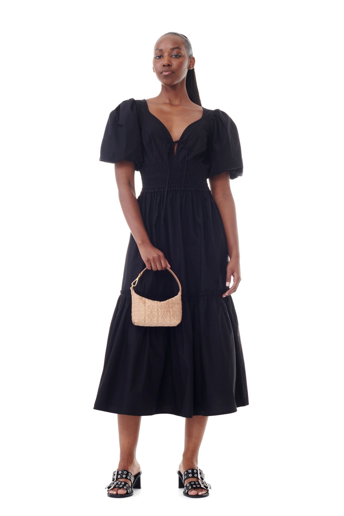 Ganni - Kjoler - Cotton Poplin Long Smock Dress Pouf Sleeve - Black