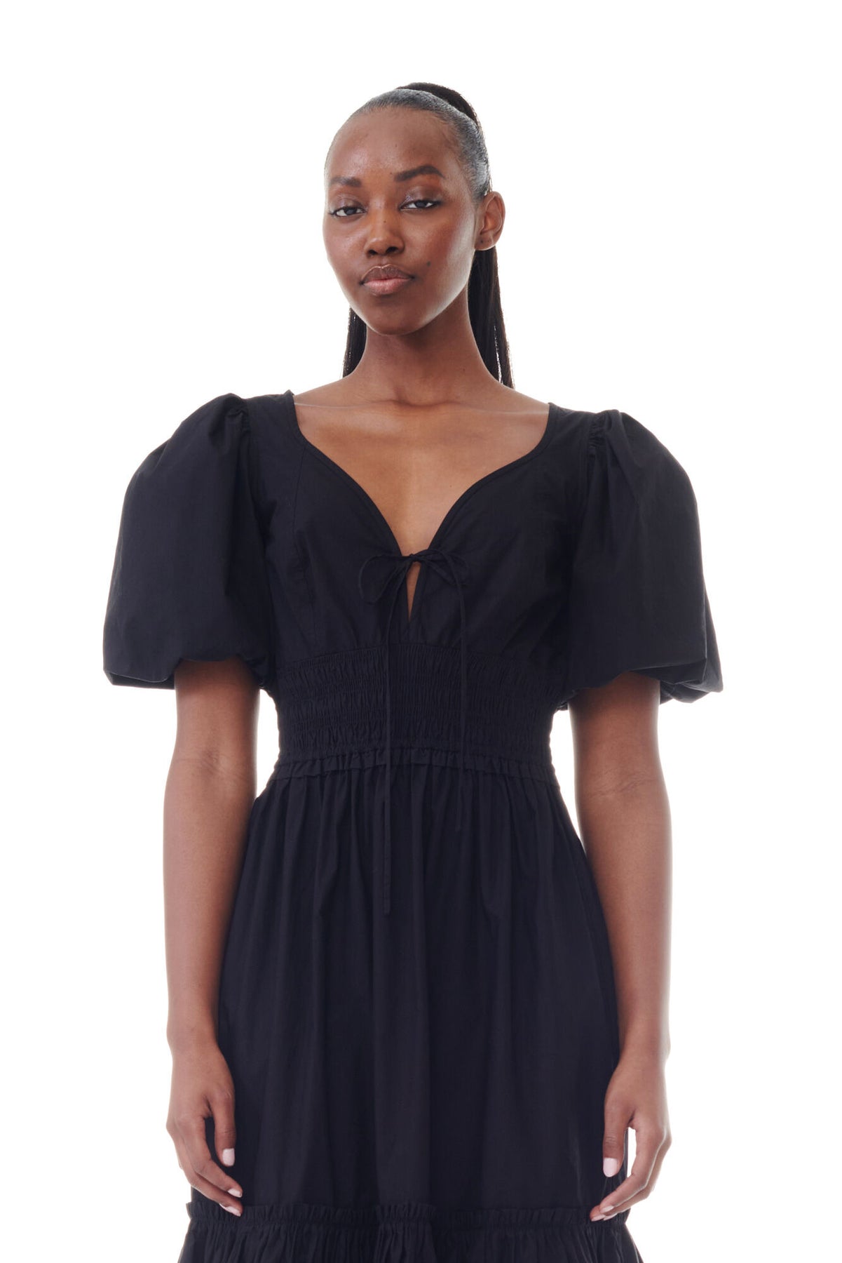 ganni black cotton poplin long smock dress Ganni Black Washed Stretch Cotton Smock Midi Dress