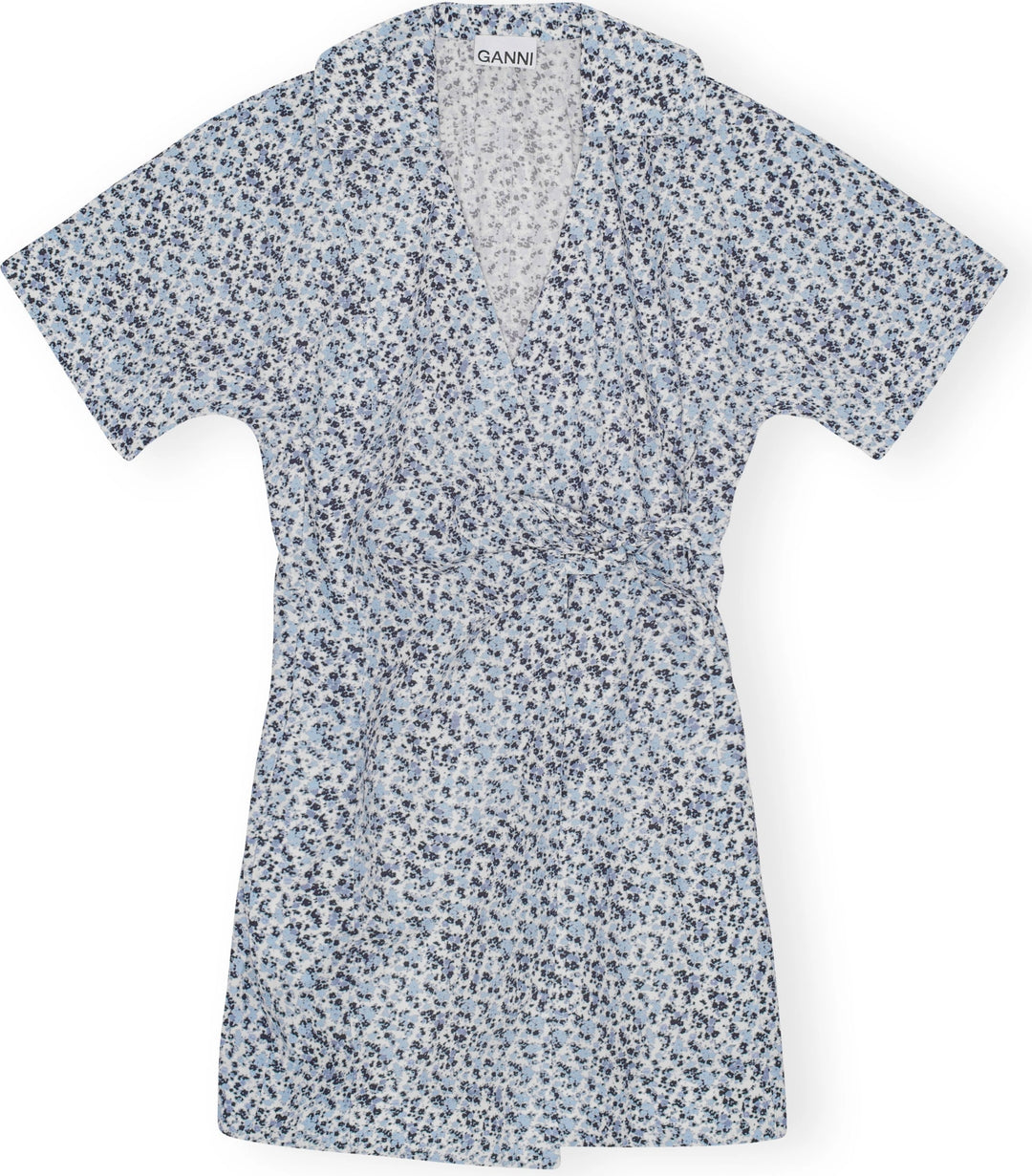 Printed Cotton Wrap Mini Dress - Glacier Lake