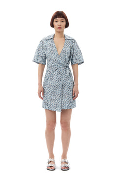 Printed Cotton Wrap Mini Dress - Glacier Lake