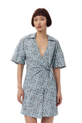 Printed Cotton Wrap Mini Dress - Glacier Lake