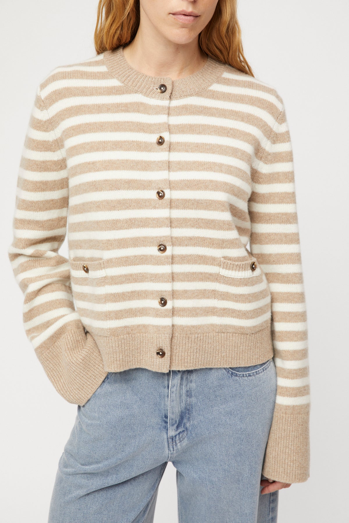 Structured Wool Cardigan - Oatmeal Snowflake Stripe