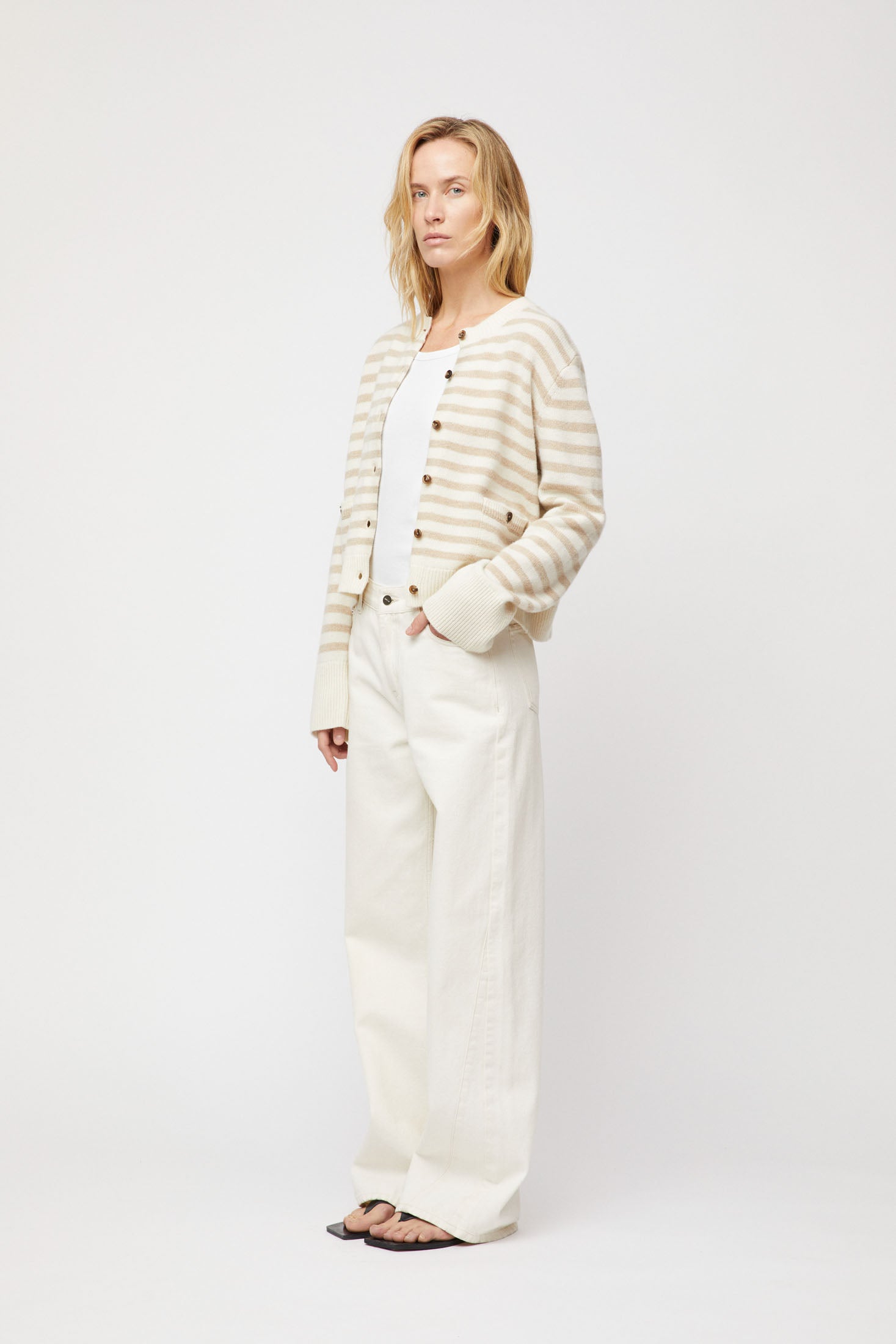 Structured Wool Cardigan - Linen Snowflake Stripe