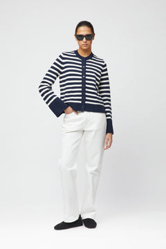 Structured Cotton Cardigan - Navy Cream Stripe