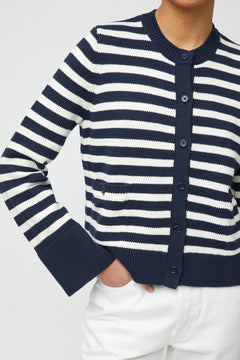 Structured Cotton Cardigan - Navy Cream Stripe