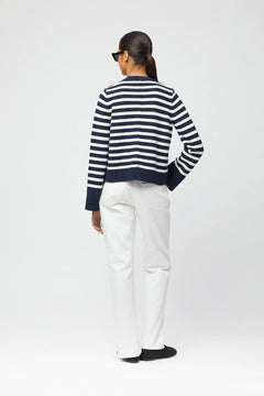 Structured Cotton Cardigan - Navy Cream Stripe