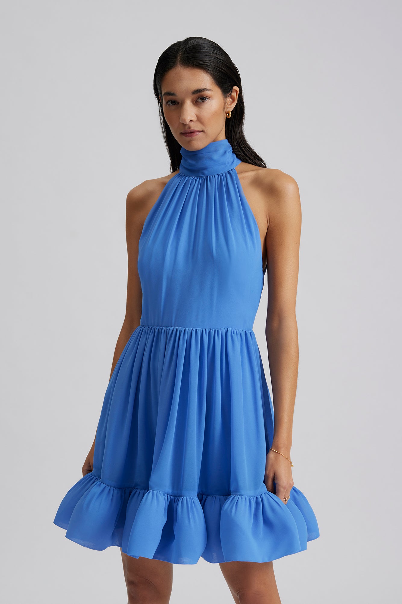 Fern Halterneck Ruffled Mini Dress - Azure Blue