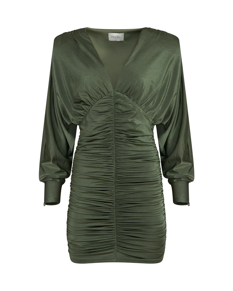 Roxy Ruched V-neck Mini Dress