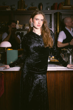 Velour Jersey Ruched Long  Dress - Black
