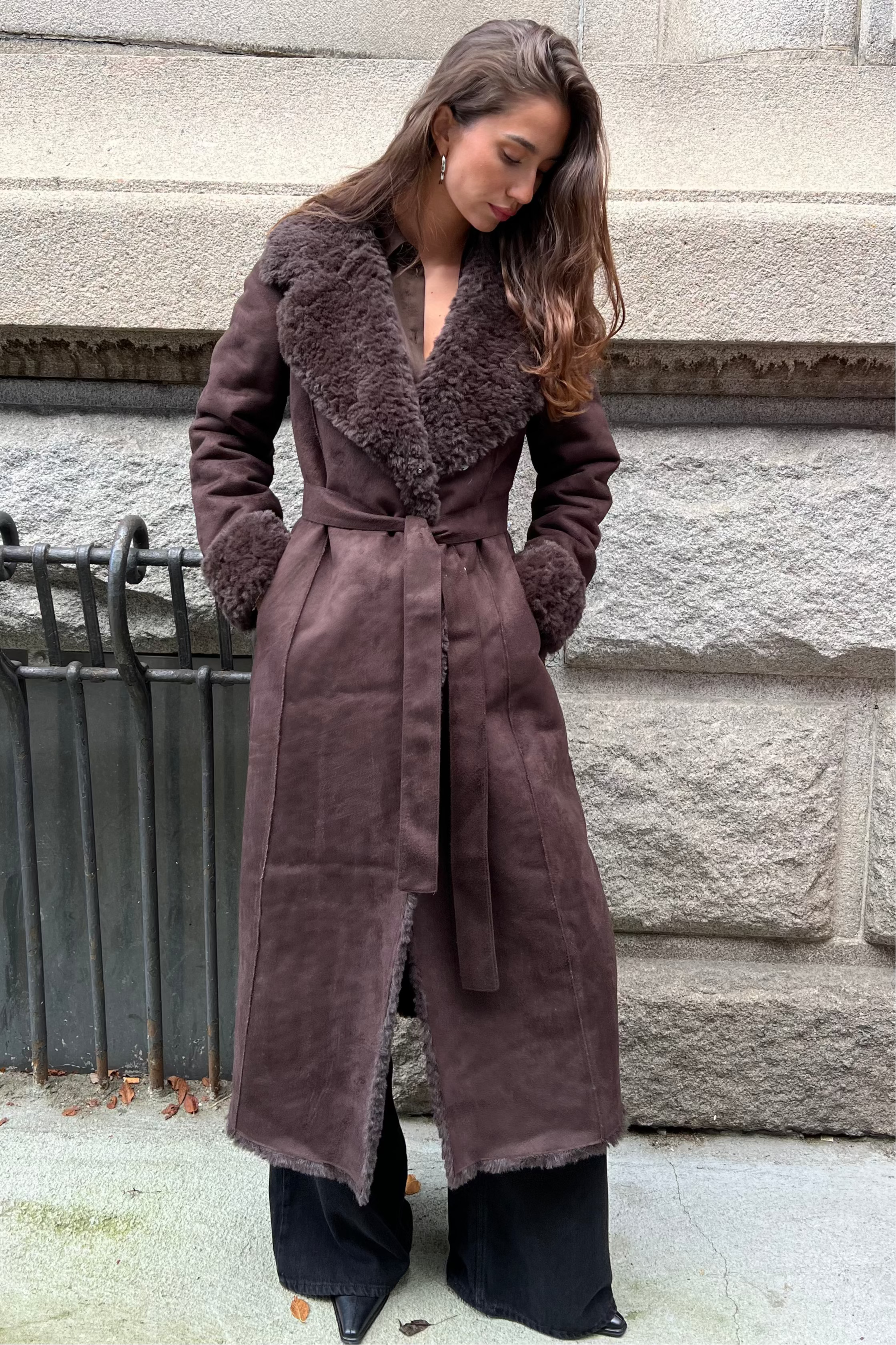 Terry Faux Shearling Coat - Dark Brown