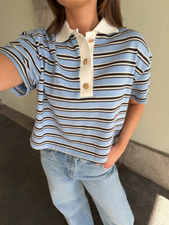 Olga Stripe Polo Tee - Blue