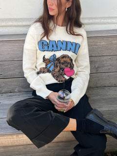 Graphic Wool Mix Fluffy Puppy Love Crewneck - Egret
