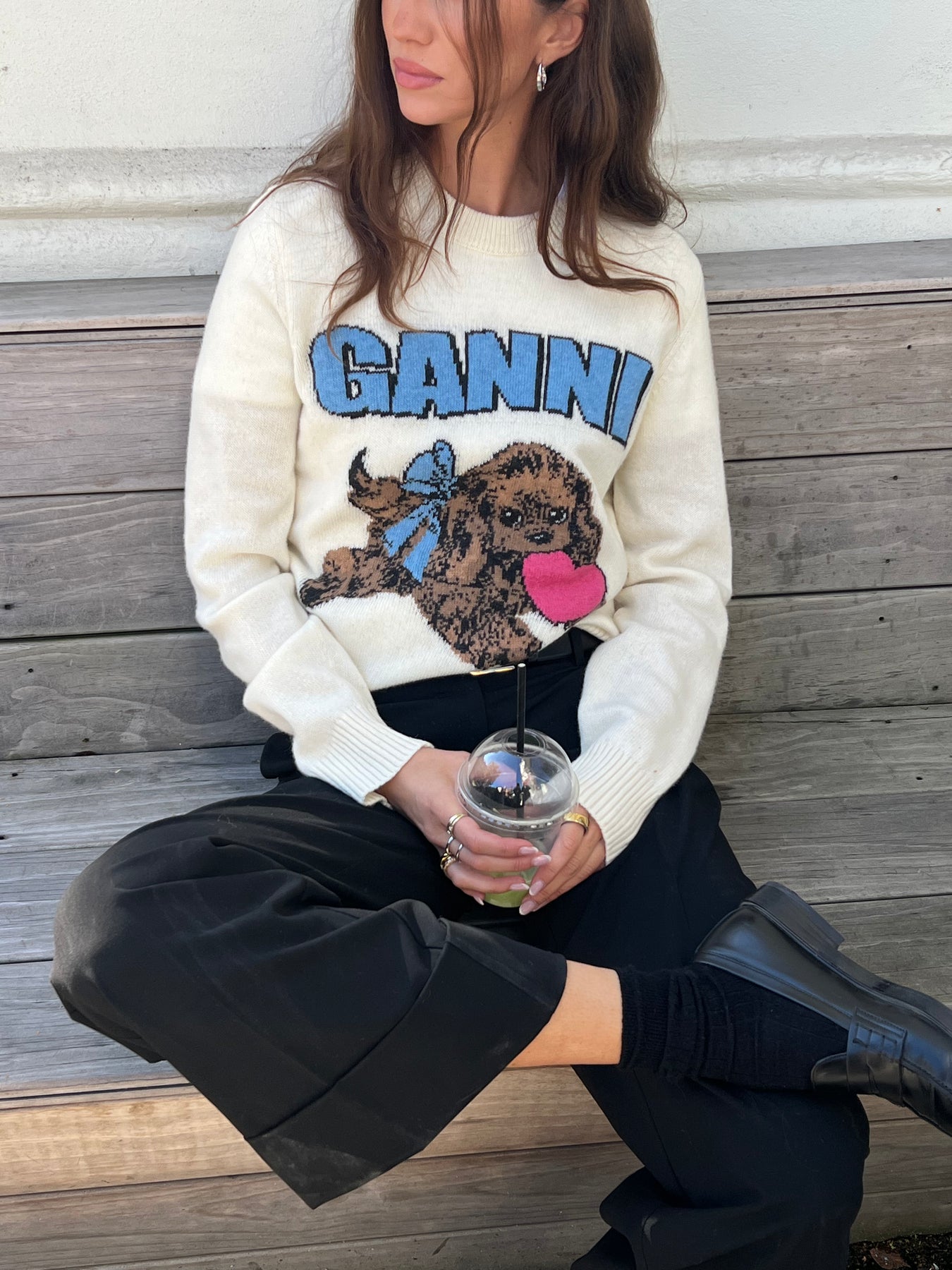 Graphic Wool Mix Fluffy Puppy Love Crewneck - Egret