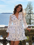Jade Wave Chiffon Floret Dress - White/Blue
