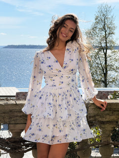 Jade Wave Chiffon Floret Dress - White/Blue