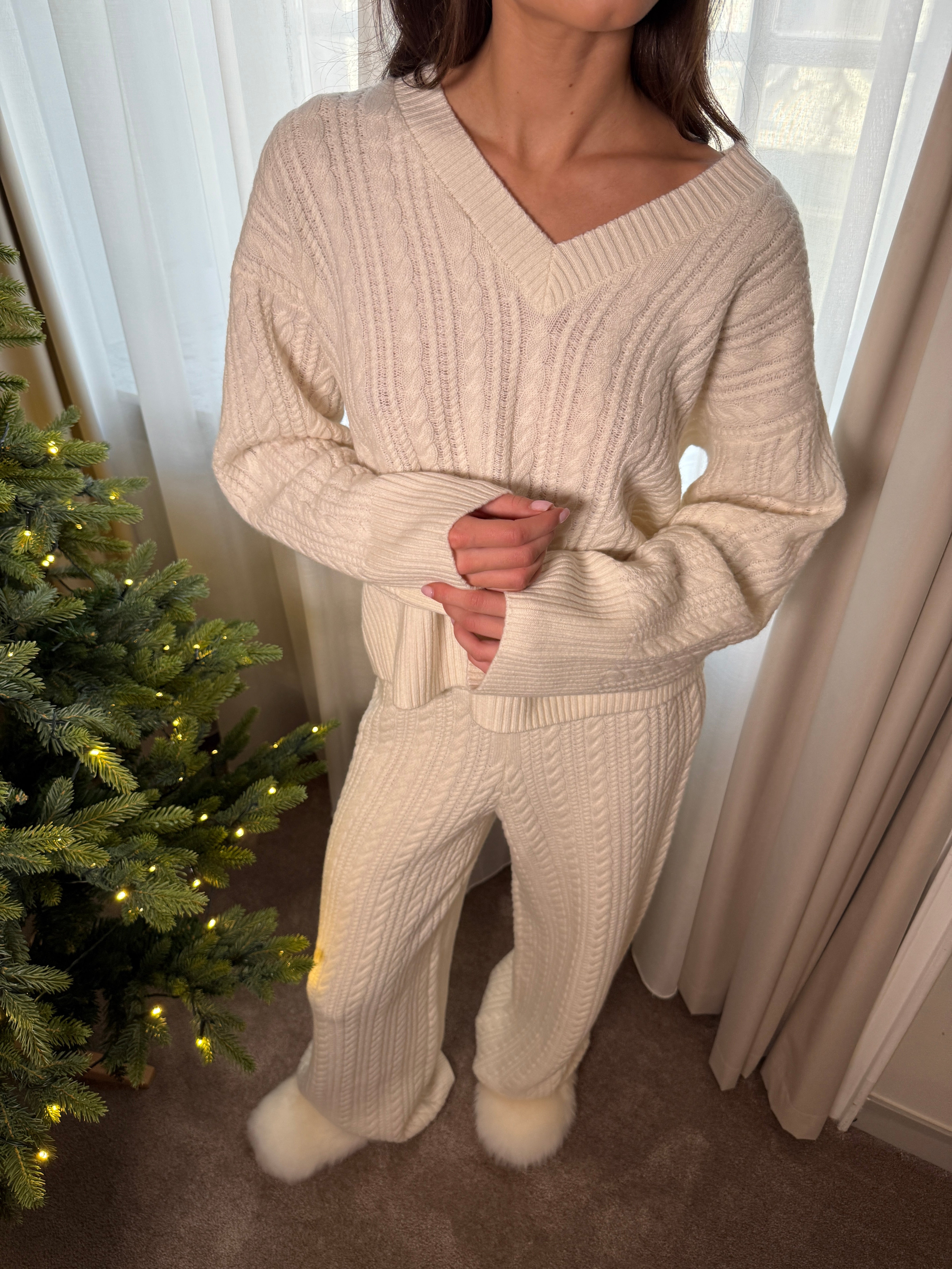 Cathy Cashmere Cable Knit Pant - Cream