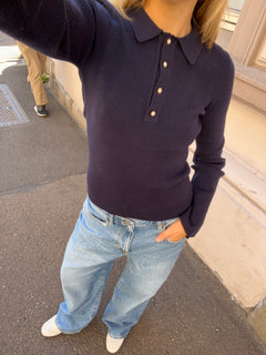 Marte LS Rib Polo Knit  - Navy