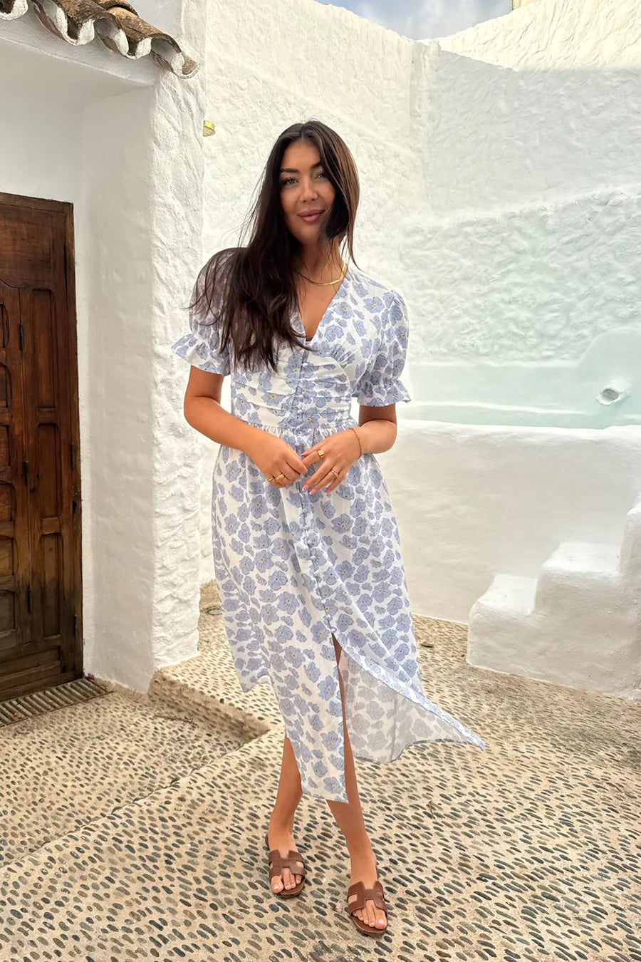 Adelic Long Ss Dress - Blue Dazzling Flower