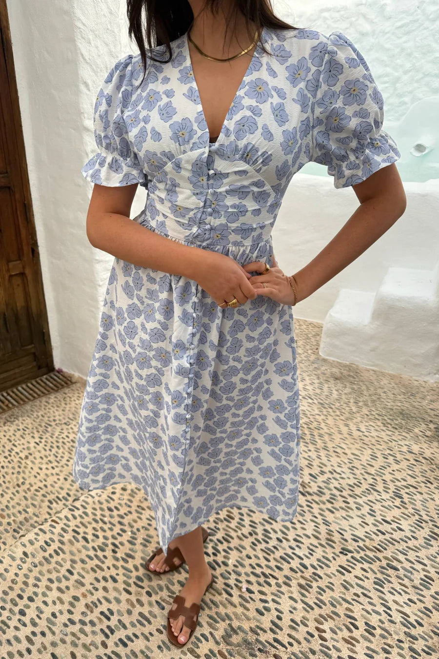 Adelic Long Ss Dress - Blue Dazzling Flower