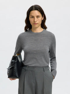 Thea Ls Knit Merino O-Neck - Medium Grey Melange