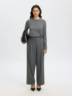 Thea Ls Knit Merino O-Neck - Medium Grey Melange