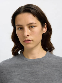 Thea Ls Knit Merino O-Neck - Medium Grey Melange