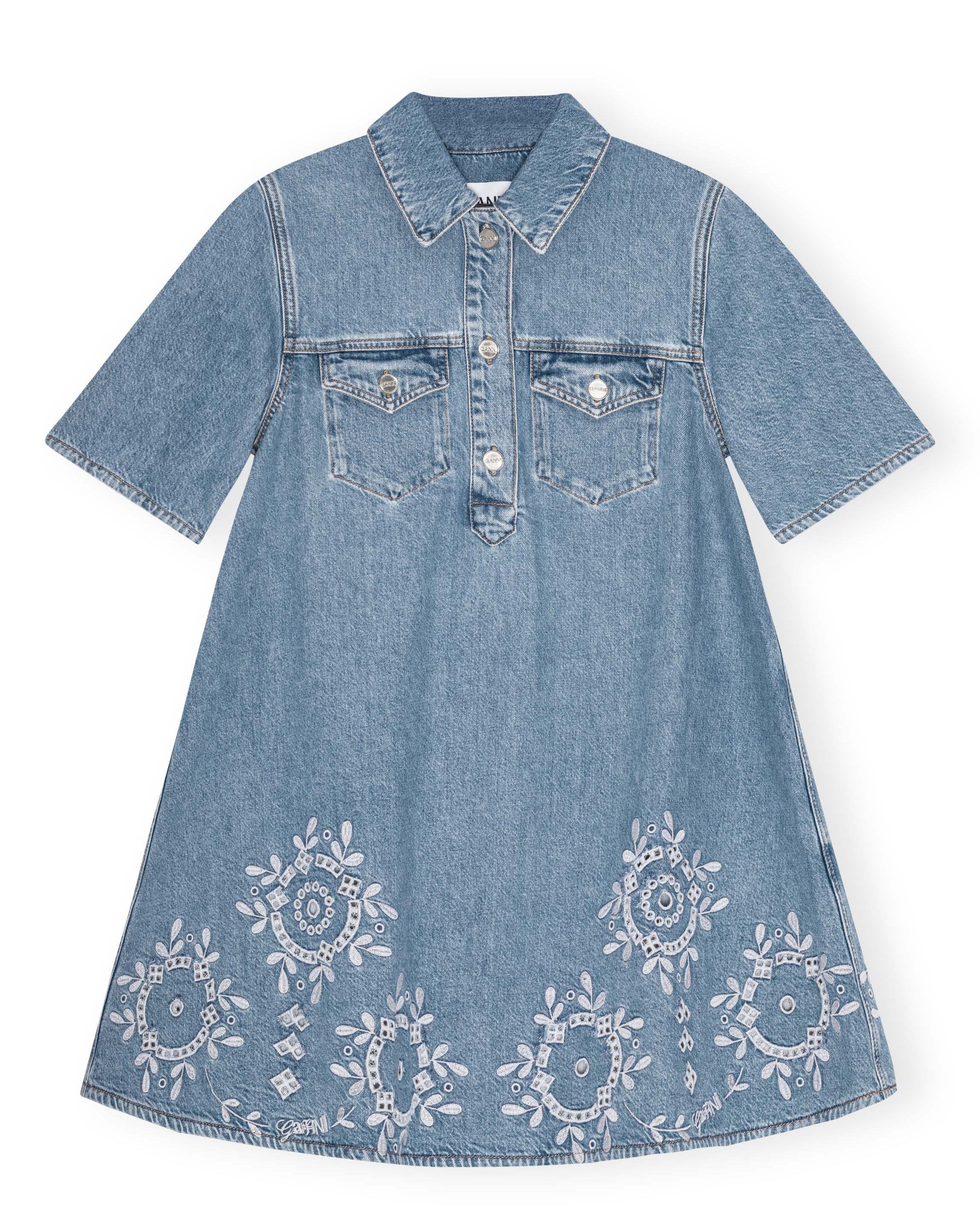 Broderie Anglaise Denim Mini Dress - Light Blue Stone
