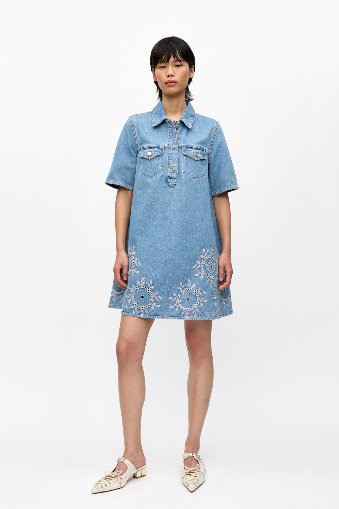 Broderie Anglaise Denim Mini Dress - Light Blue Stone