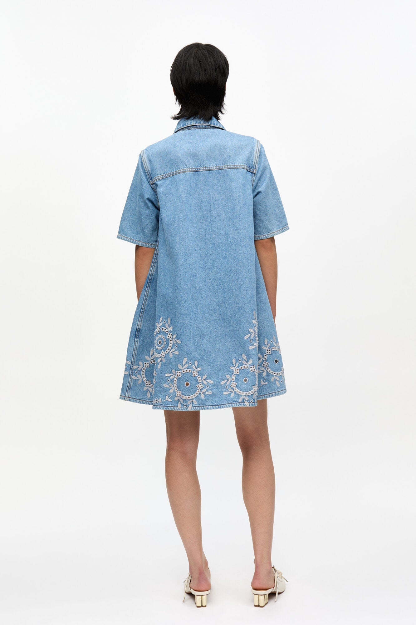 Broderie Anglaise Denim Mini Dress - Light Blue Stone
