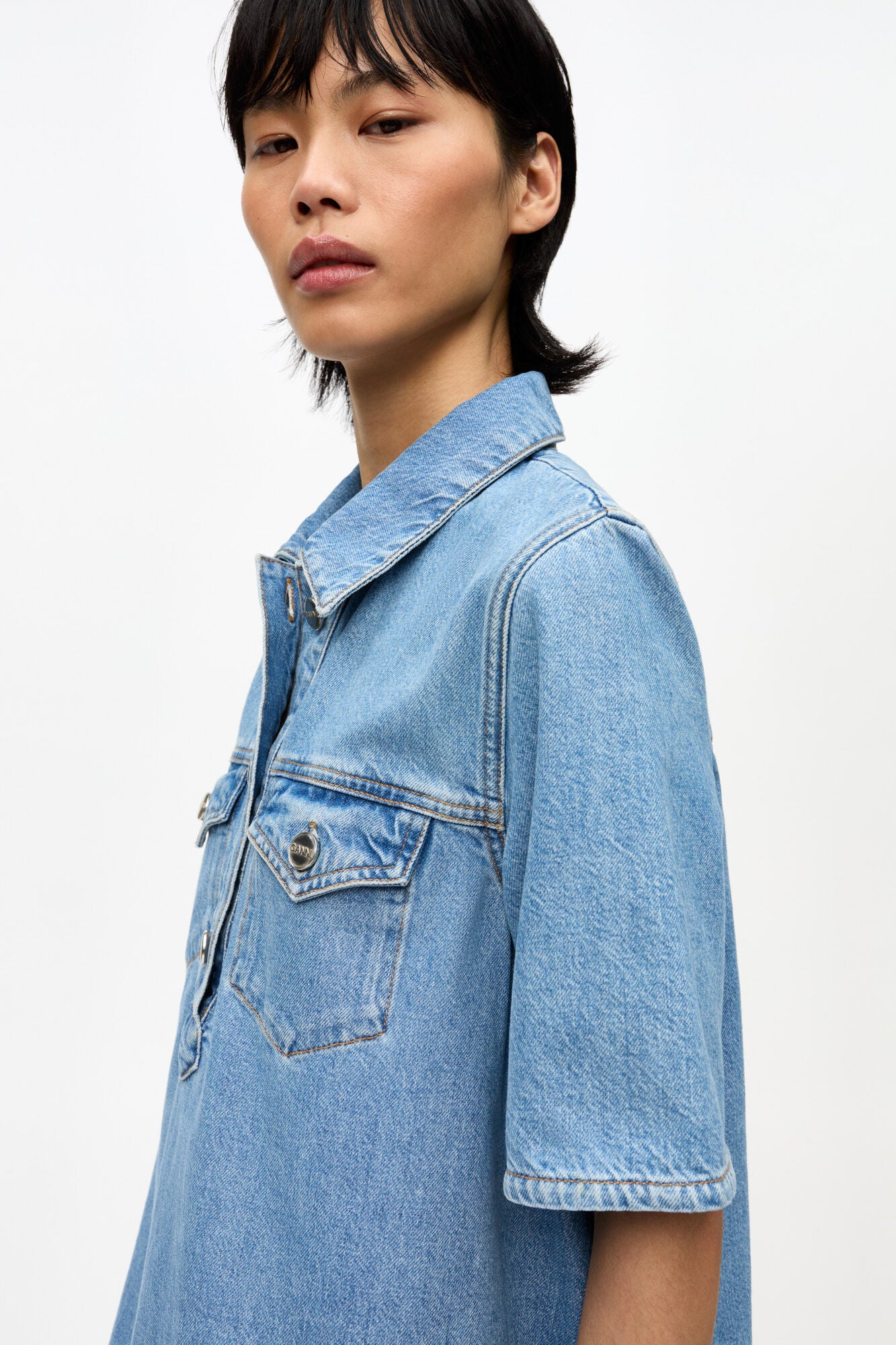 Broderie Anglaise Denim Mini Dress - Light Blue Stone