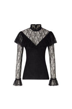 Joelle Polo Neck Lace Top - Black