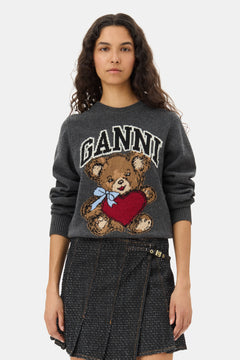 Graphic Wool Mix Bear Crewneck - Gray Quill