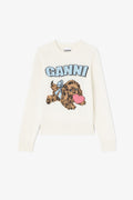 Graphic Wool Mix Fluffy Puppy Love Crewneck - Egret