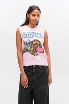 Graphic Wool Mix Pink Puppy Love Vest - Chalk Pink