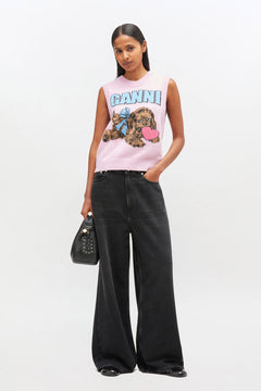 Graphic Wool Mix Pink Puppy Love Vest - Chalk Pink
