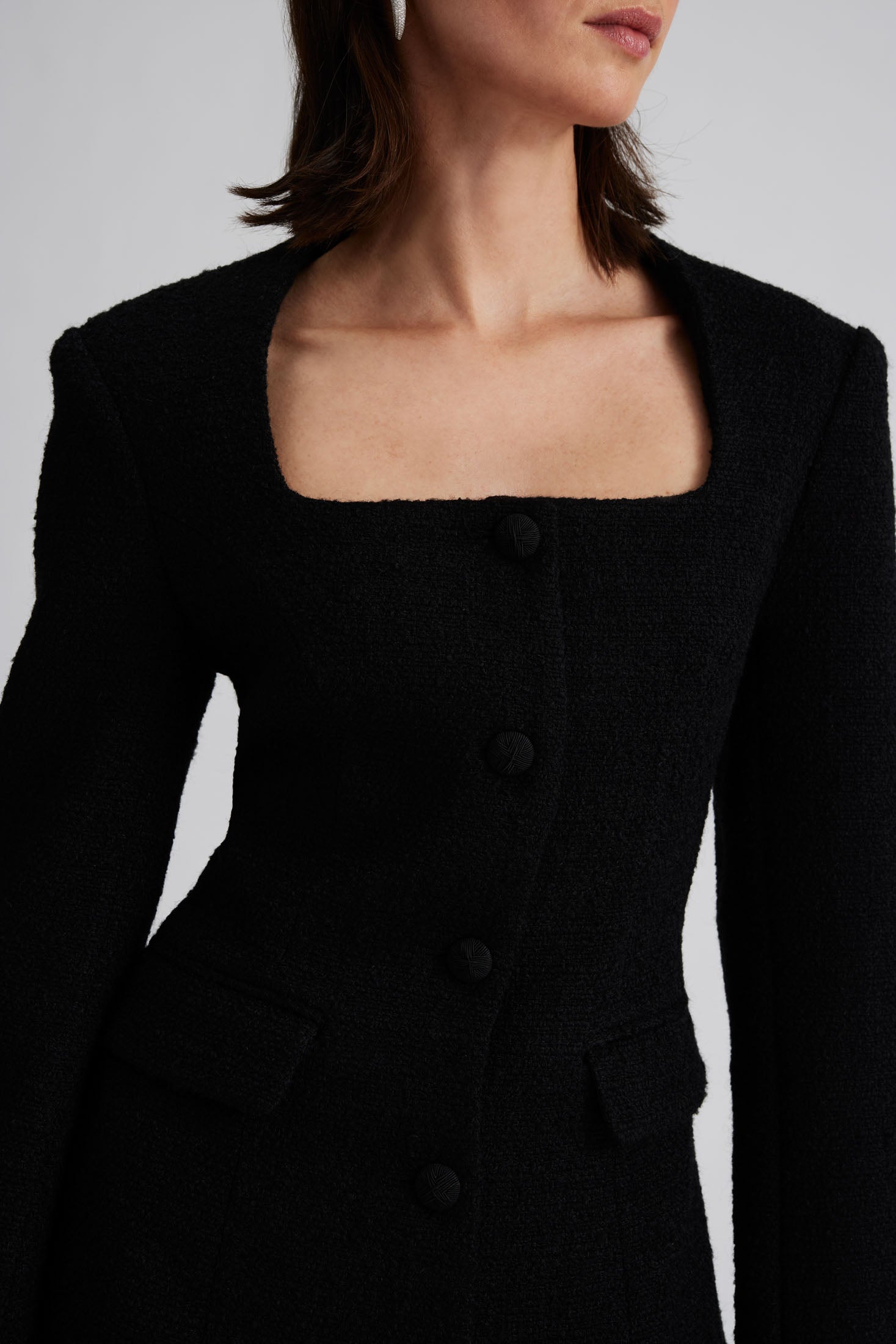 Kinsley Boucle Square Neck Fitted Blazer - Black