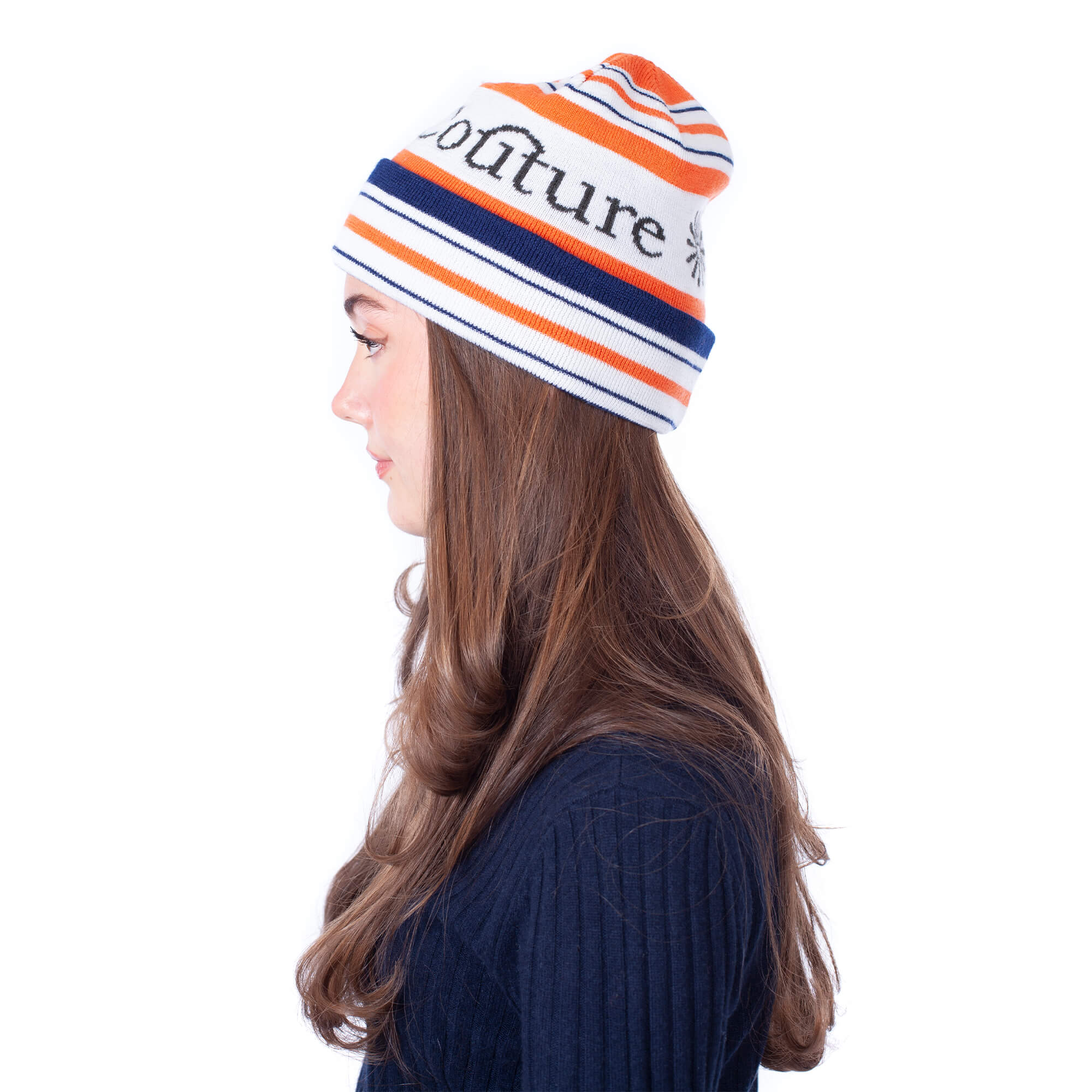 Knitting Beanie Merinowool - Orange/ Navy/ White