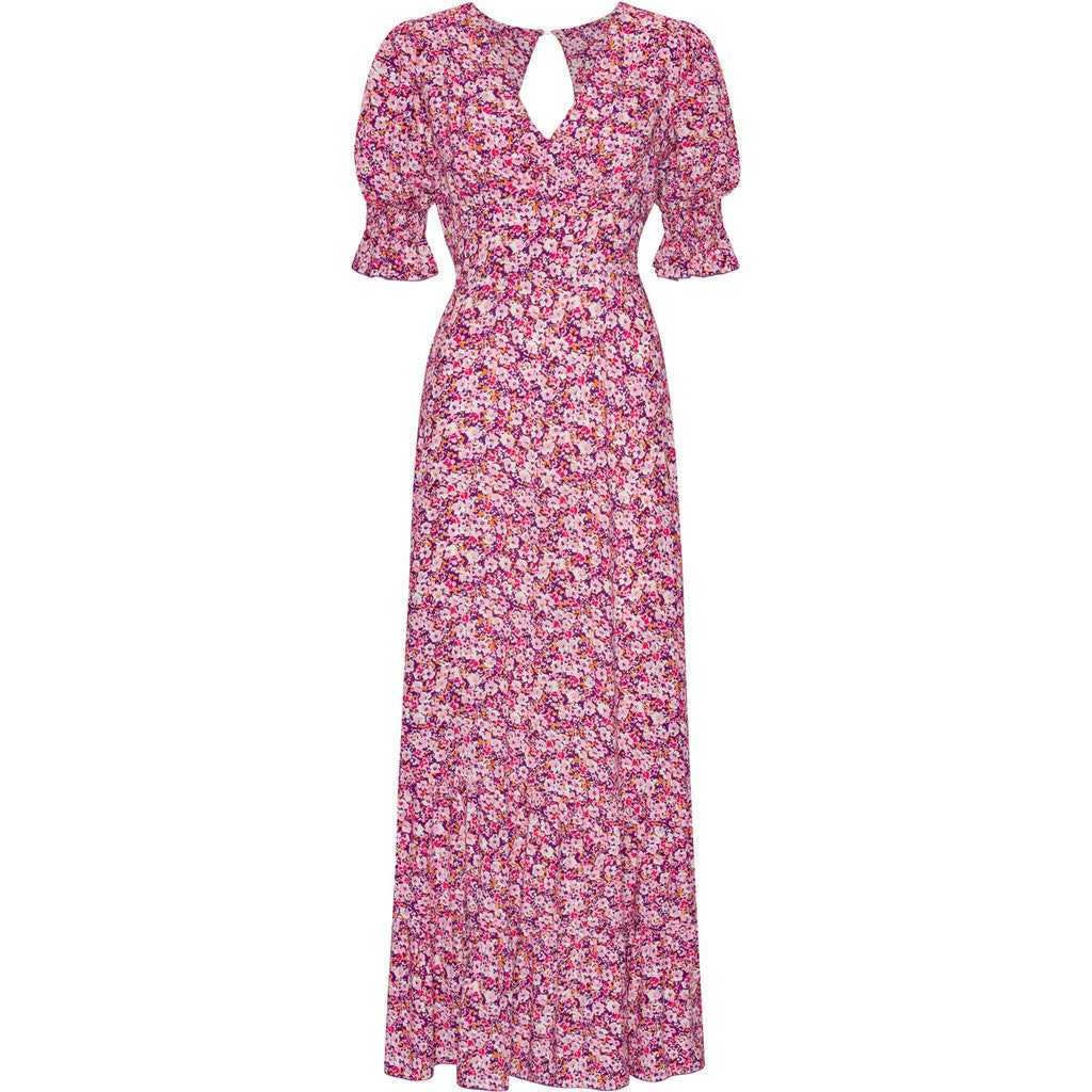 Koko Dress Long Open Back Short Sleeves - Lilac Bordeaux Big Flower