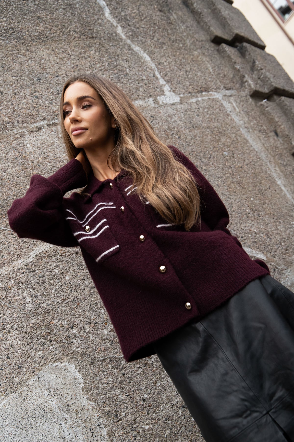 Lisa Stitch Pocket Cardigan - Wine