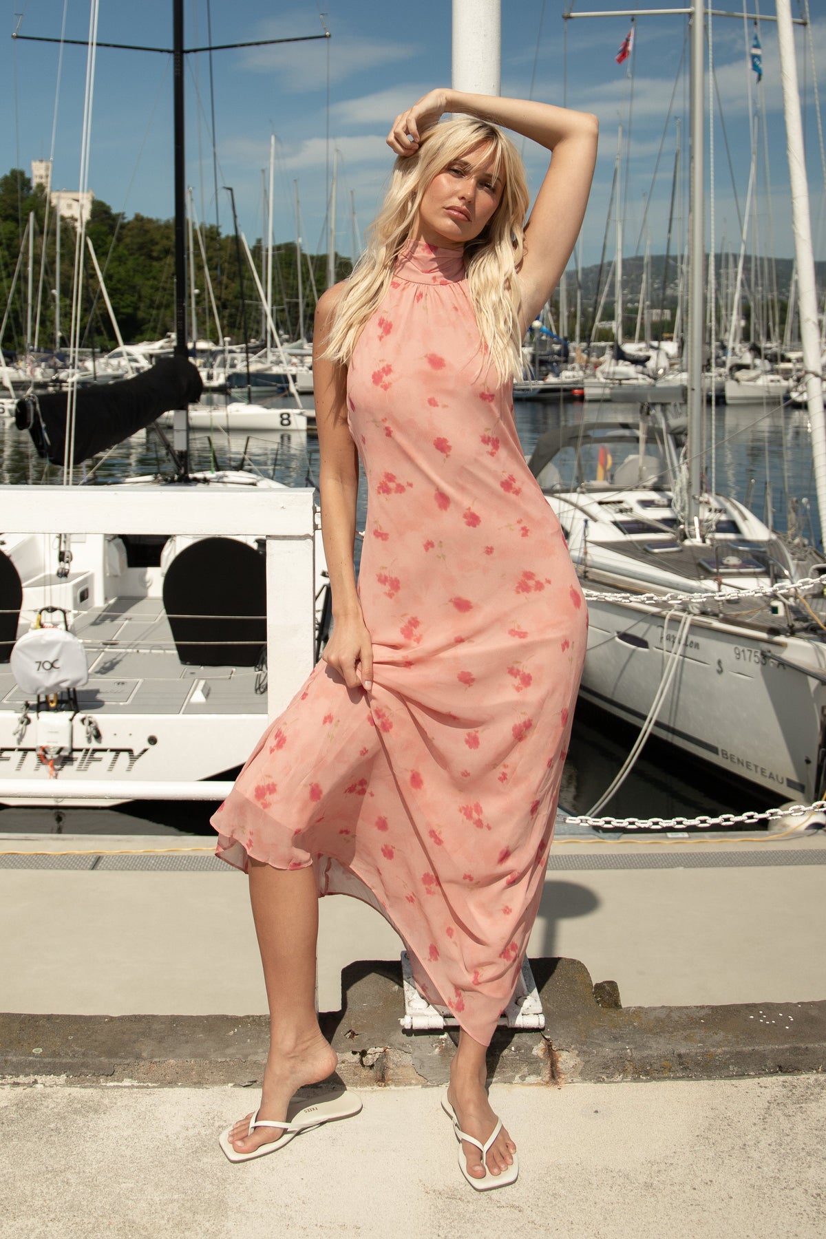 Fiona Blurred Flower Halter Neck Dress - Light Pink