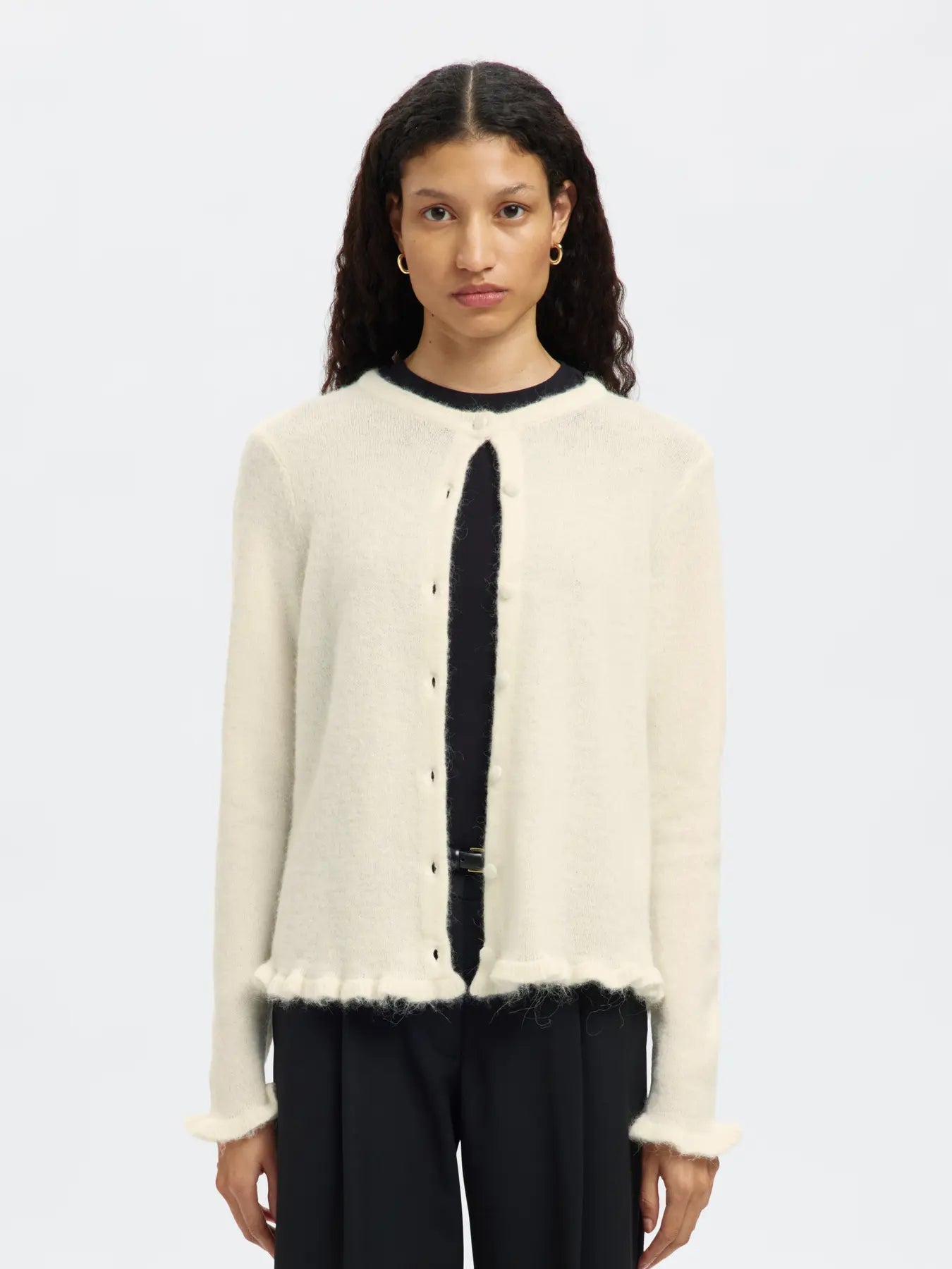 Lulu Frill Ls Knit Cardigan - Snow White Melange