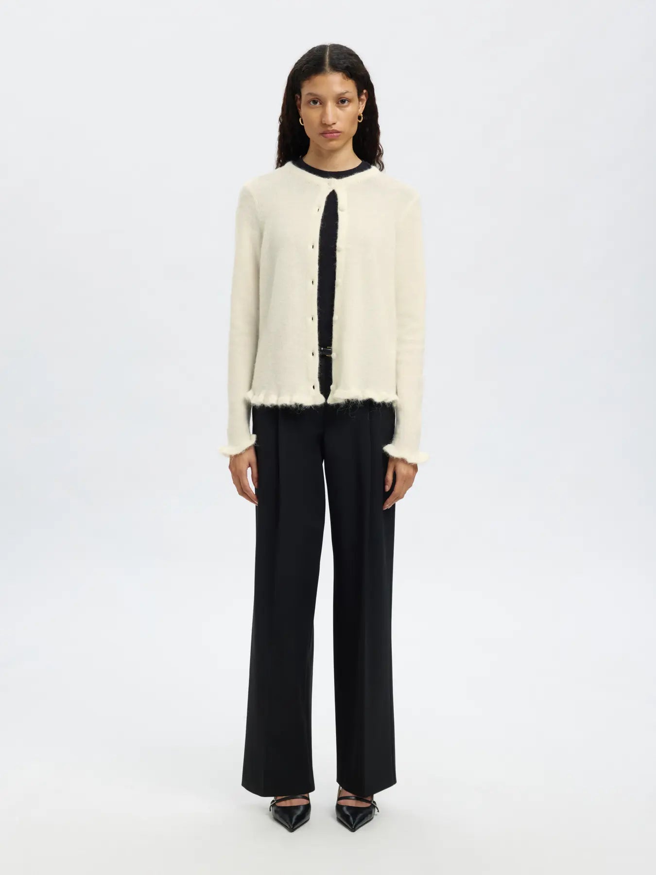 Lulu Frill Ls Knit Cardigan - Snow White Melange
