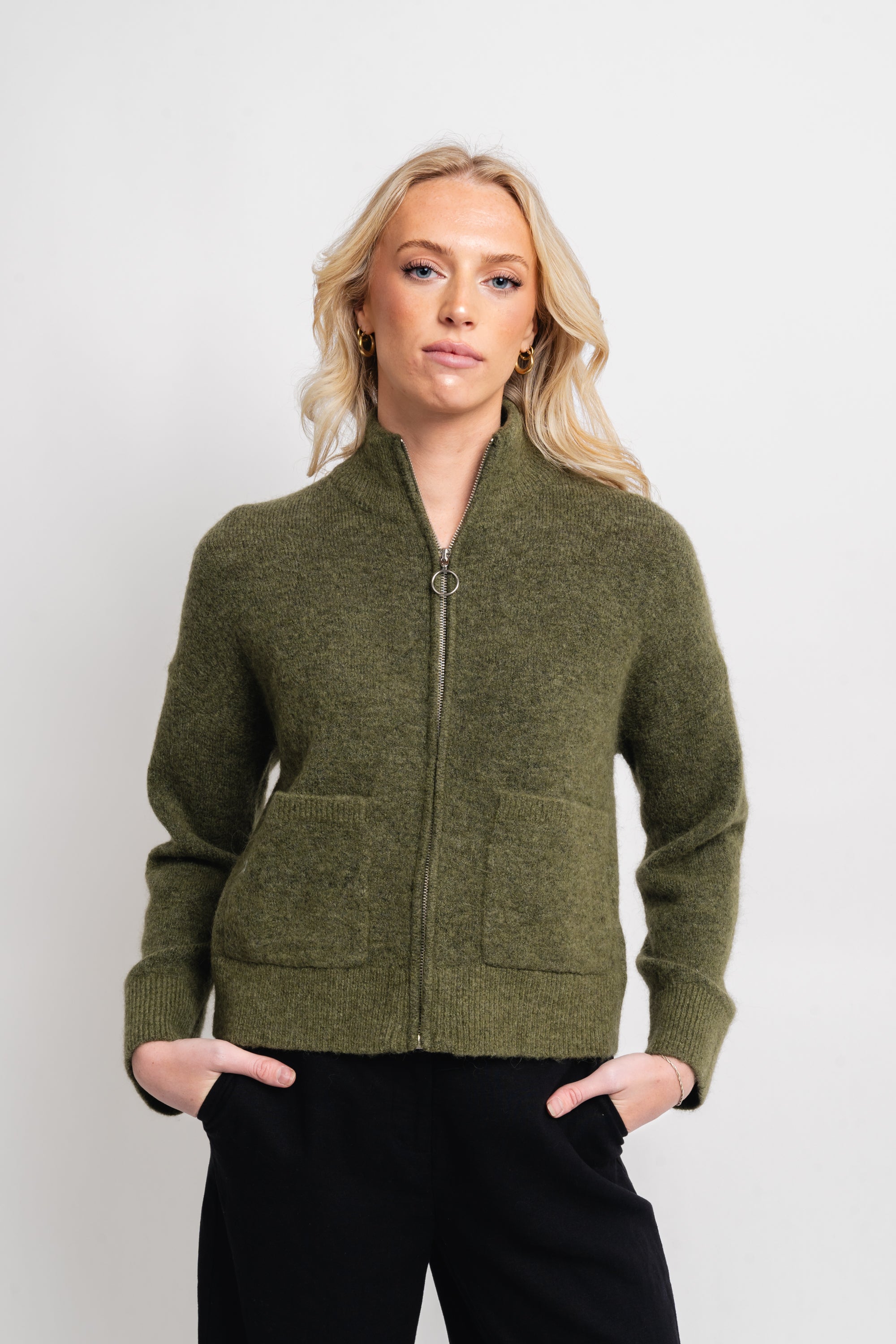 Sia Ras Ls Knit Zipper Cardigan - Olivine Melange