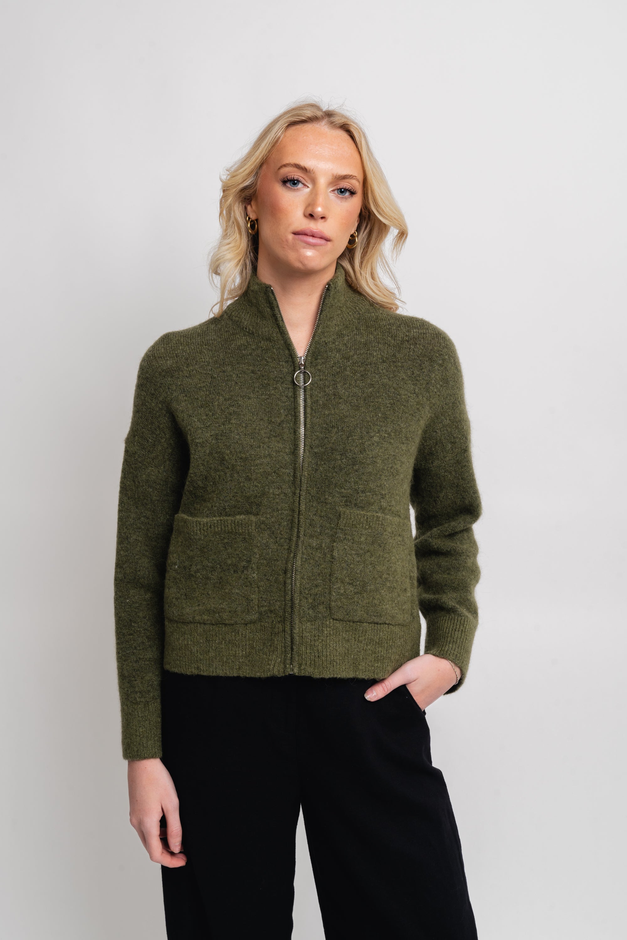 Sia Ras Ls Knit Zipper Cardigan - Olivine Melange