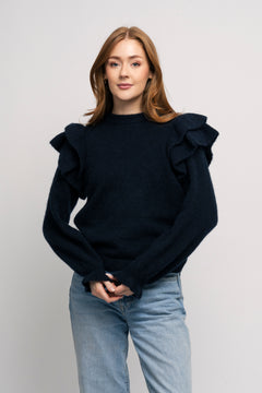 Lulu Ls Knit Shoulder Frills O-Neck - Dark Sapphire Melange