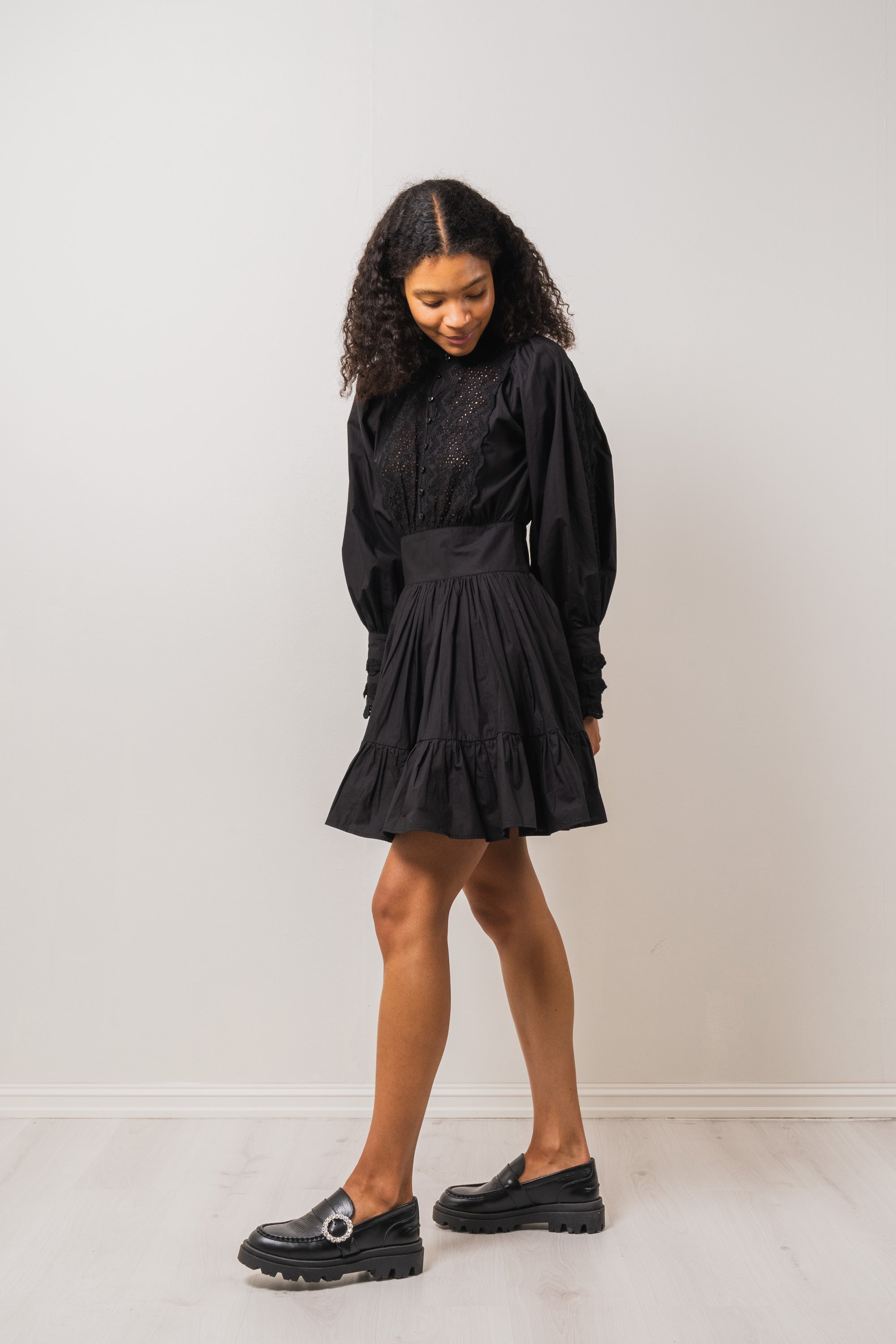 Décorated Poplin Mini Dress - Black